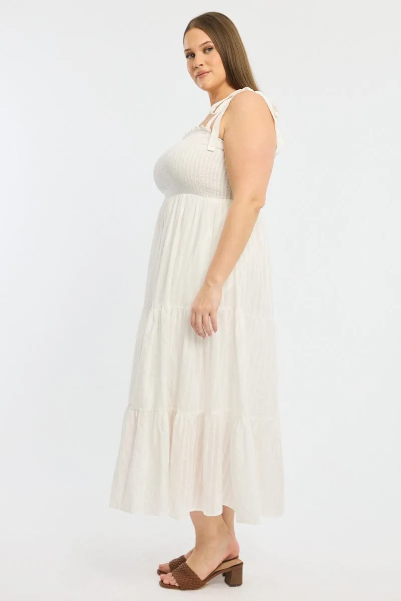 Elegant fit-and-flare dress Effortless chic dress White Shirred Midi Dress Sleeveless Textured