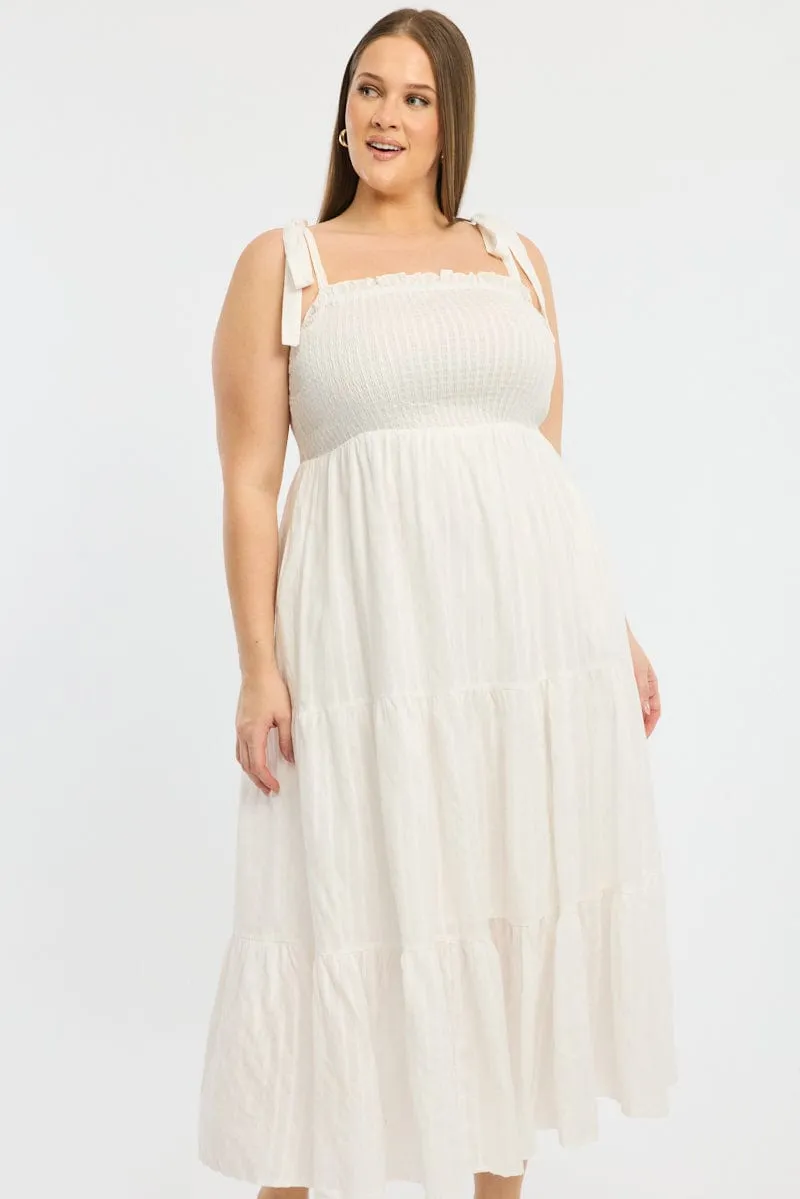 Versatile Silhouettes Feast Table White Shirred Midi Dress Sleeveless Textured