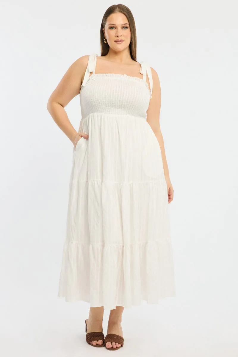 Confident Girl Bridge Walk White Shirred Midi Dress Sleeveless Textured
