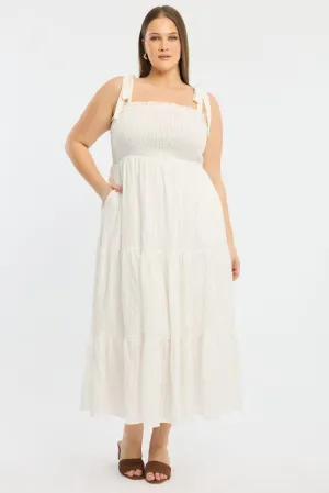 Confident Girl Bridge Walk White Shirred Midi Dress Sleeveless Textured