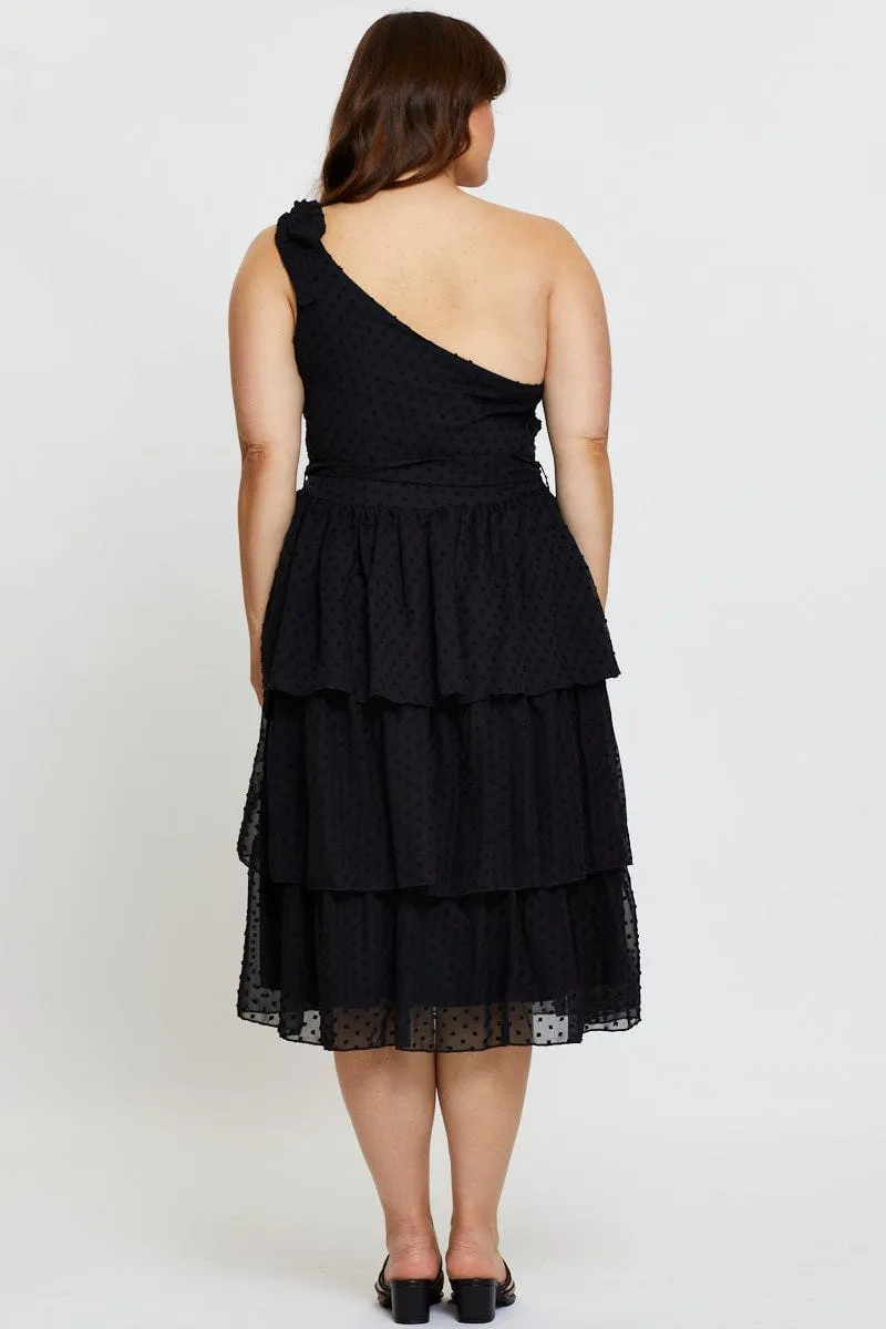 Black Midi Dress One Shoulder Sleeveless Classic Woman