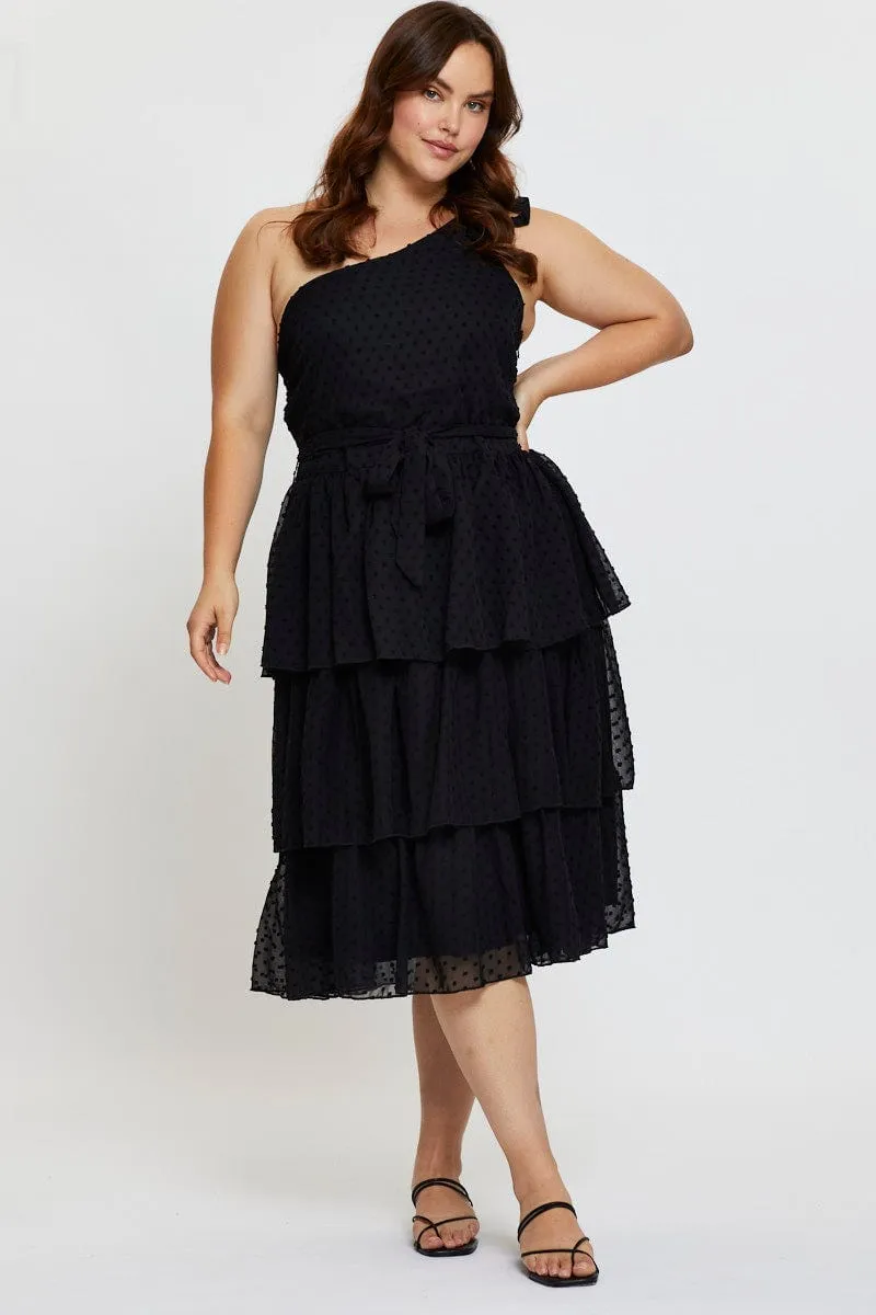 Jade Glow Black Midi Dress One Shoulder Sleeveless
