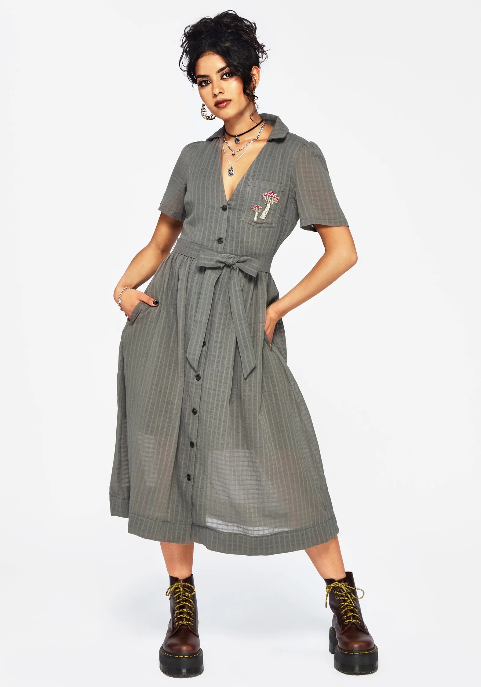 Koax Cotton Check Embroidered Button Up Midi Shirt Dress One Step Look Easy Style