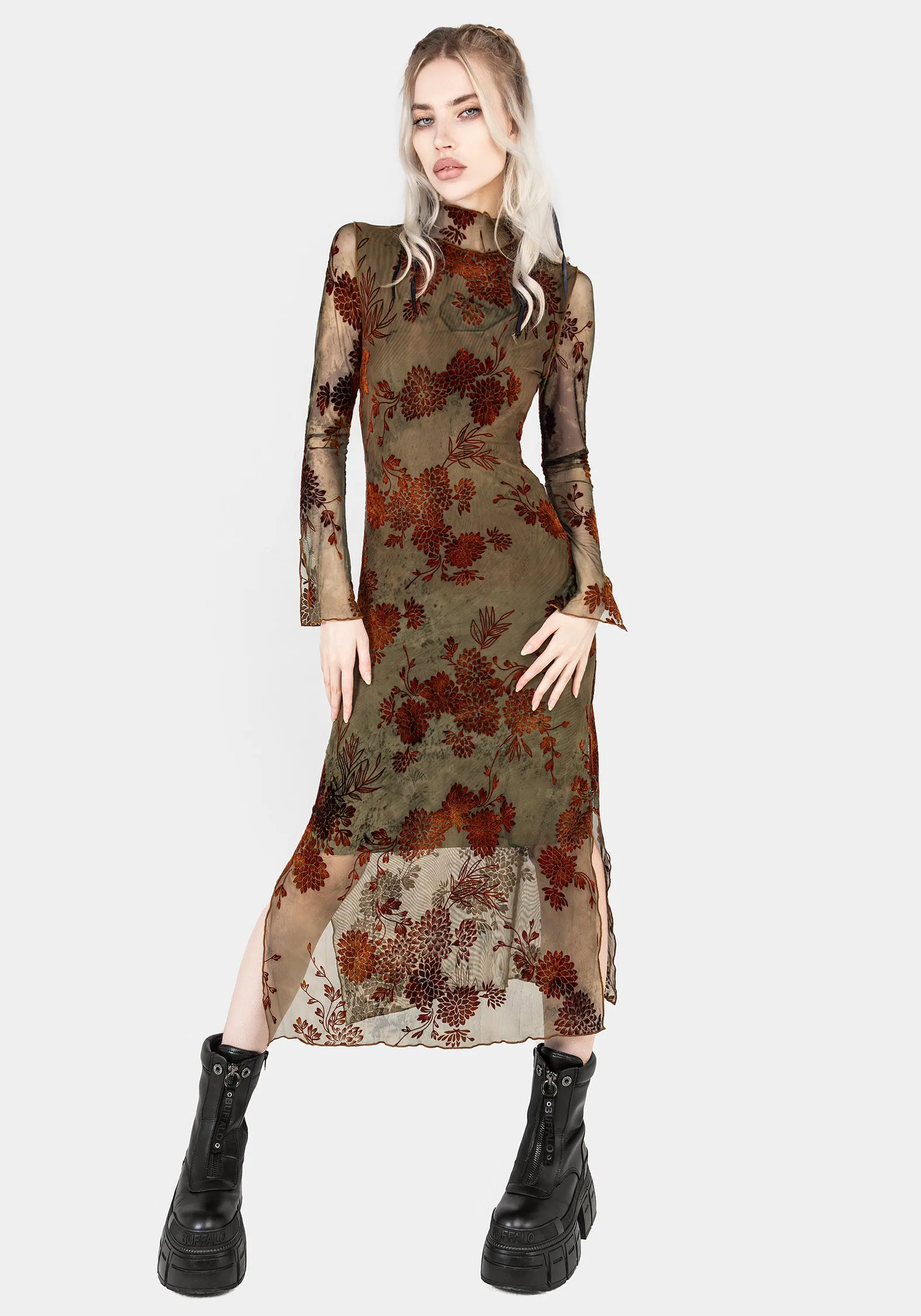 Rosaleigh Flock Velour Mesh Midaxi Dress Edgy Youth Seasonal Wear