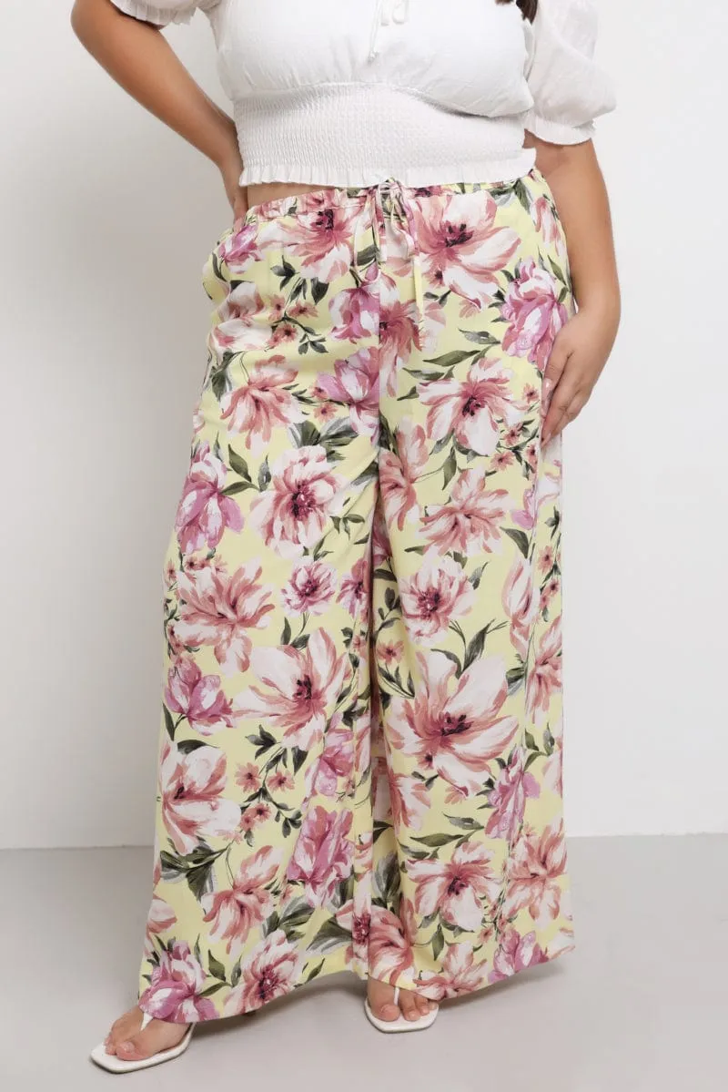 Yellow Floral Drawstring Waist Floral Wide Leg Pants Slim Silhouette QuickReleaseFastenings