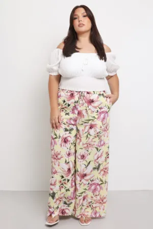 Flexible Seam Yellow Floral Drawstring Waist Floral Wide Leg Pants
