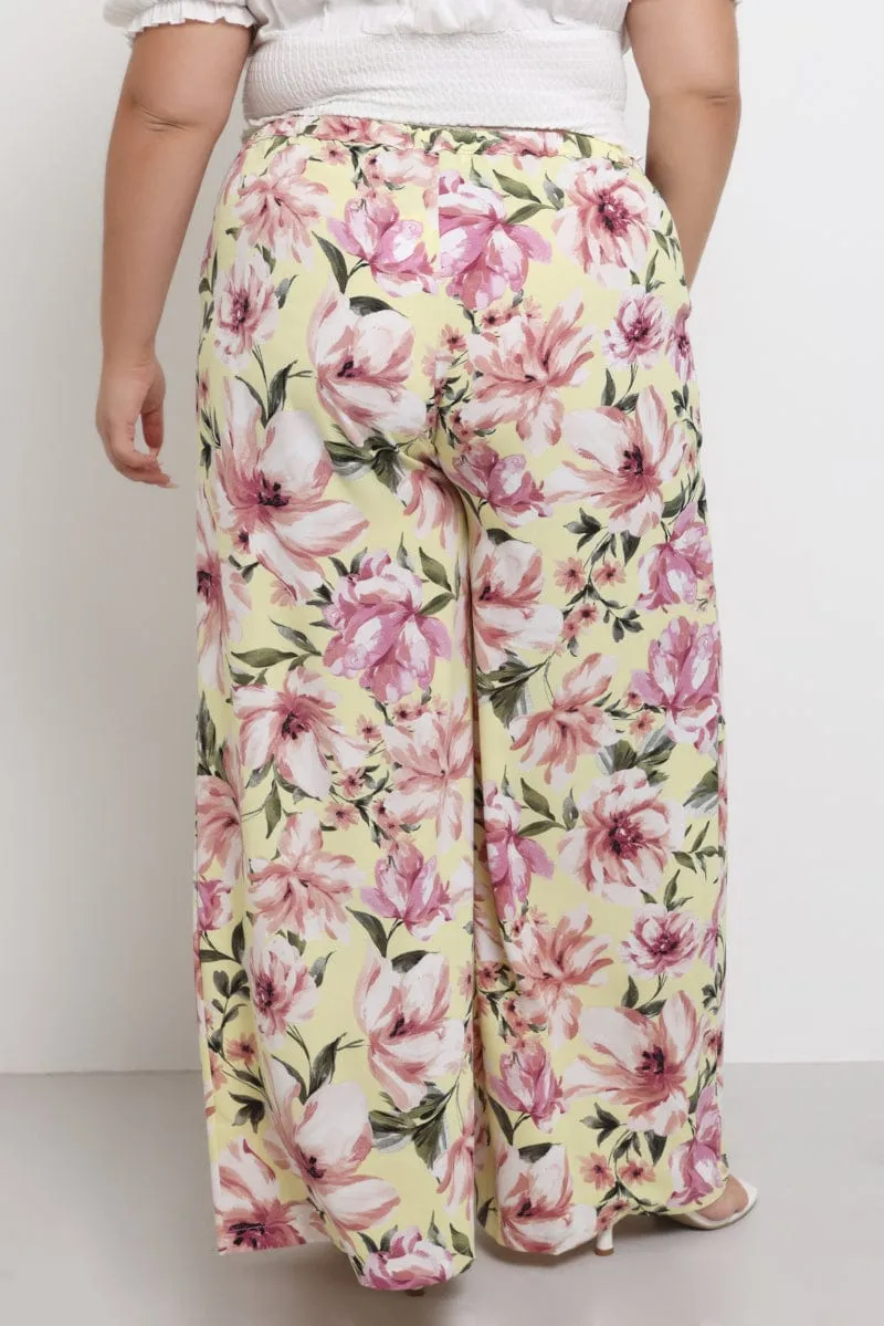 Yellow Floral Drawstring Waist Floral Wide Leg Pants Feminine Fit Stretchable Fabric