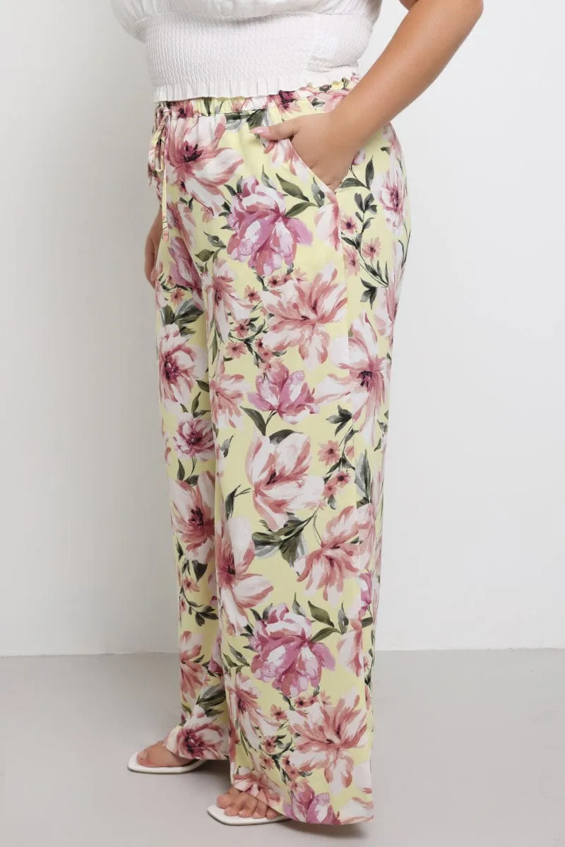 Work Ready Wrinkle resistant fabric Yellow Floral Drawstring Waist Floral Wide Leg Pants