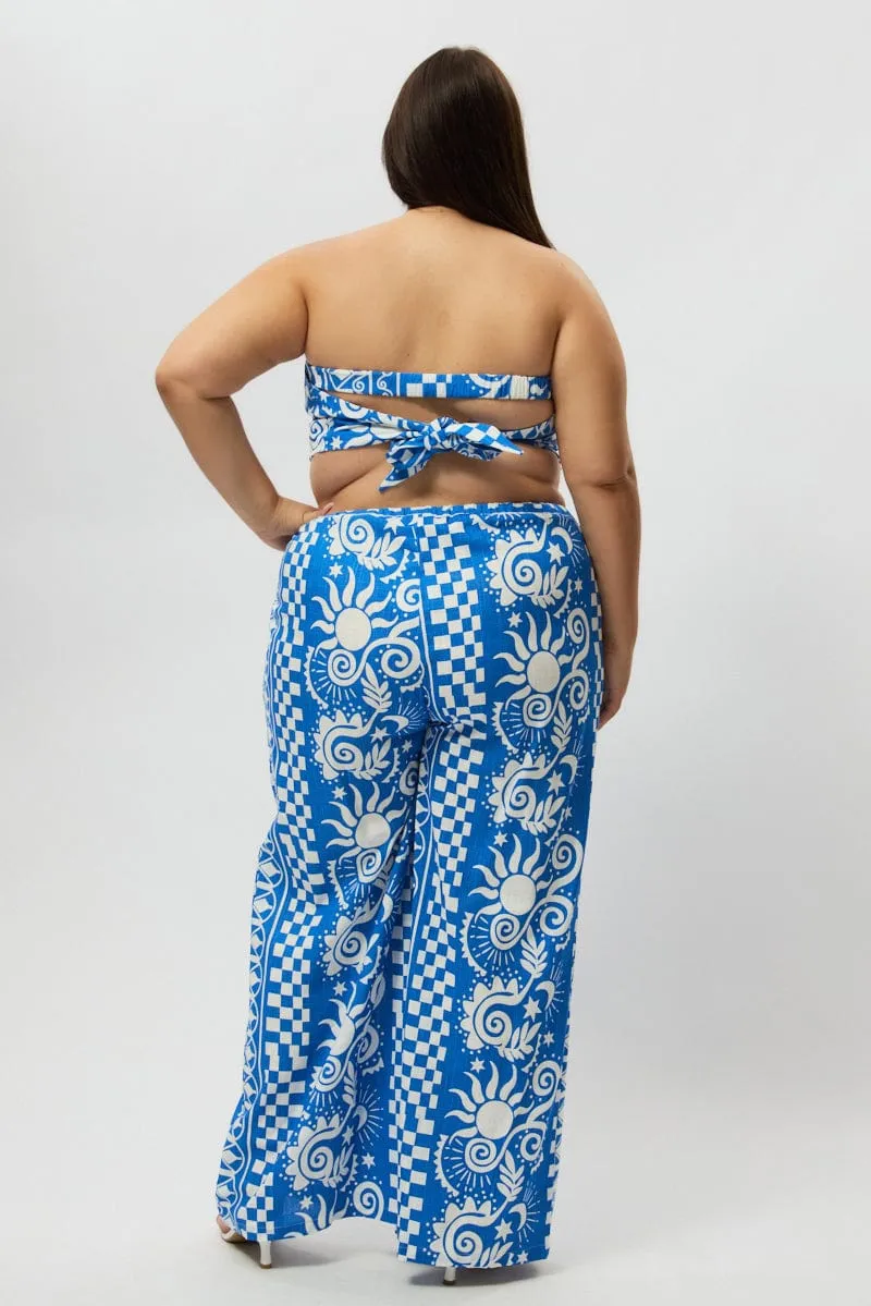 Erasable Logo Patch LightweightComfort Blue Abstract Drawstring Wide Leg Linen Blend Pants