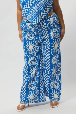 Blue Abstract Drawstring Wide Leg Linen Blend Pants Cuffed hem