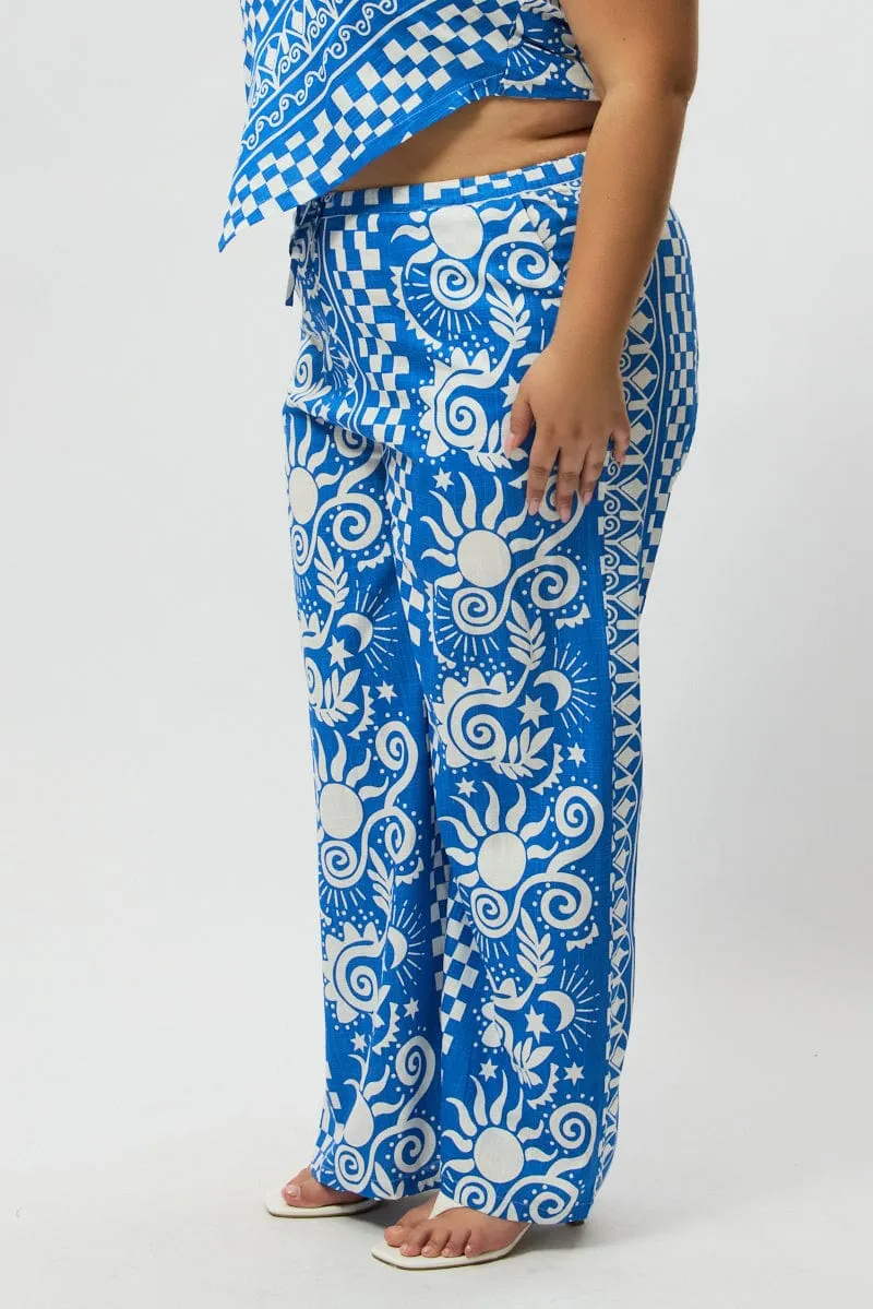 Blue Abstract Drawstring Wide Leg Linen Blend Pants Sleek Appearance Chilly Comfort