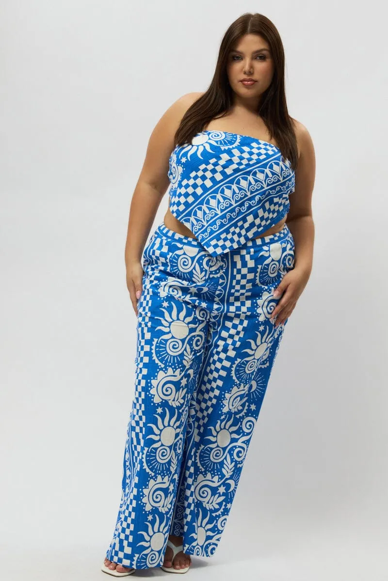 Blue Abstract Drawstring Wide Leg Linen Blend Pants Chic Design Wear ComfortWaistband