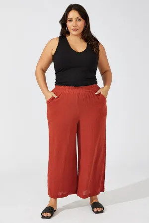 Breathable Layer Ripstop Texture Brown Wideleg Pants Cotton Elastic Waist Textured