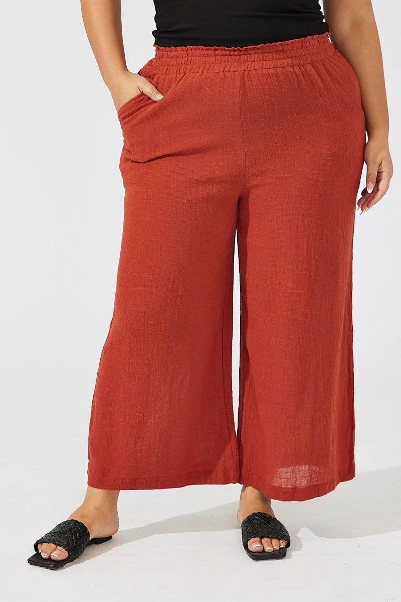 Trendy Design Loose cut Brown Wideleg Pants Cotton Elastic Waist Textured