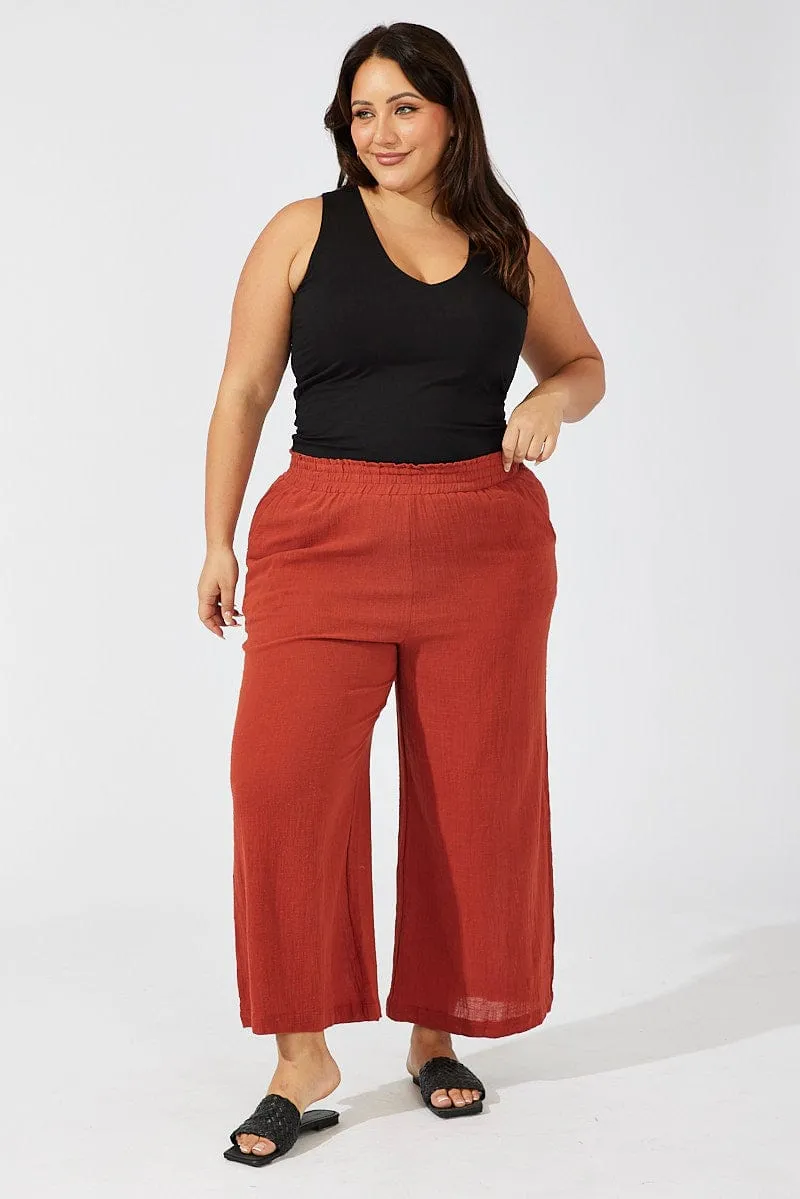 Breathable Fit Brown Wideleg Pants Cotton Elastic Waist Textured