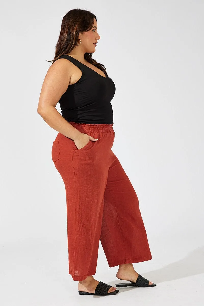 Brown Wideleg Pants Cotton Elastic Waist Textured Water-resistant