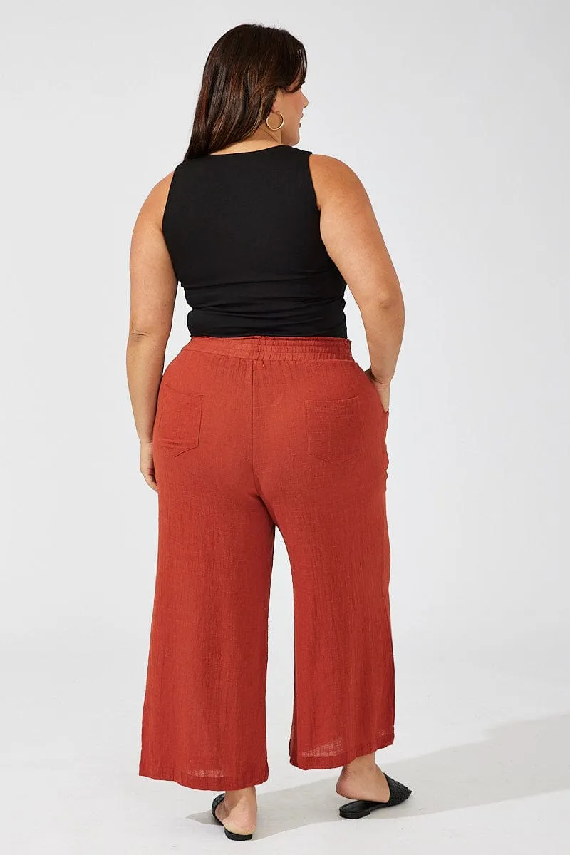 StretchMaterial Brown Wideleg Pants Cotton Elastic Waist Textured