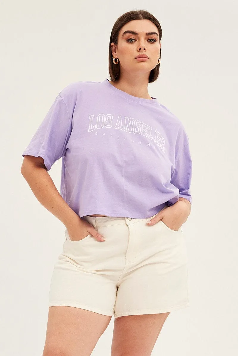 Eye-Catching Purple Short Sleeve Los Angeles Crop T-shirt