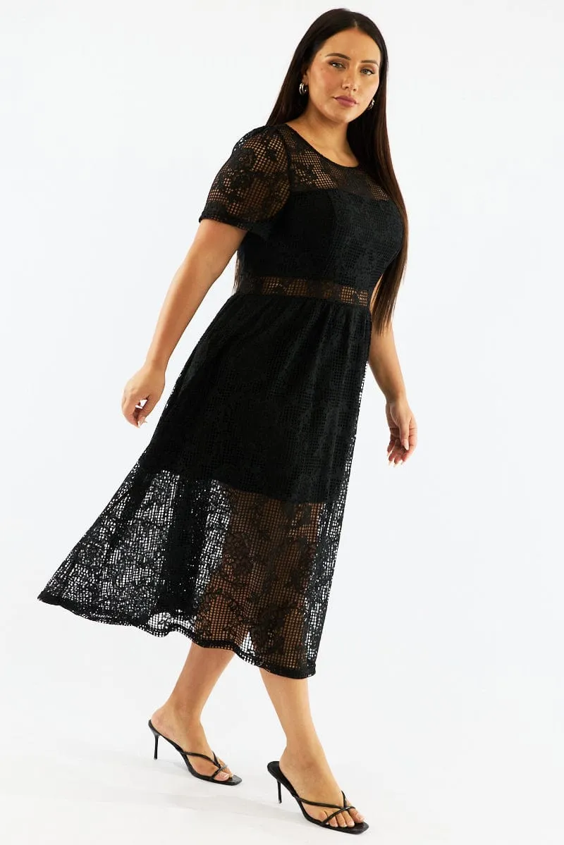 Black Midi Dress Short Sleeve Lace Chic Design