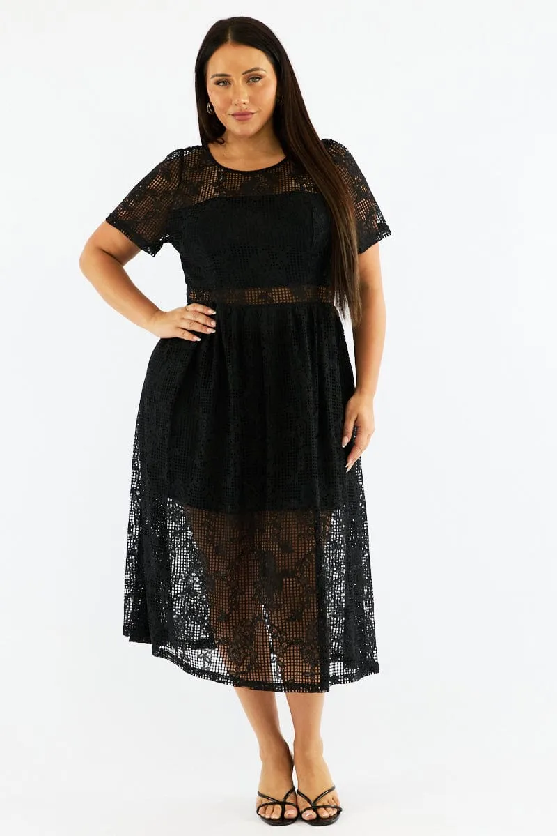 Black Midi Dress Short Sleeve Lace Rainbow Arc