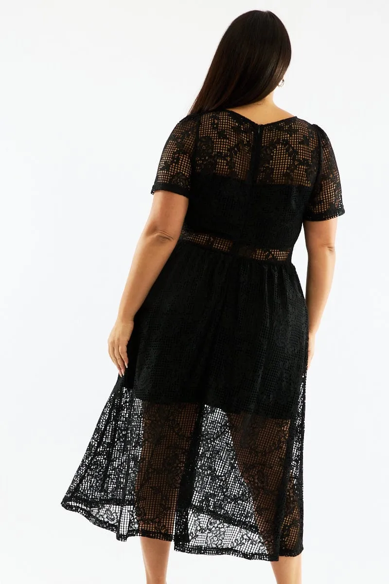 Wind Song Polished Attire Black Midi Dress Short Sleeve Lace