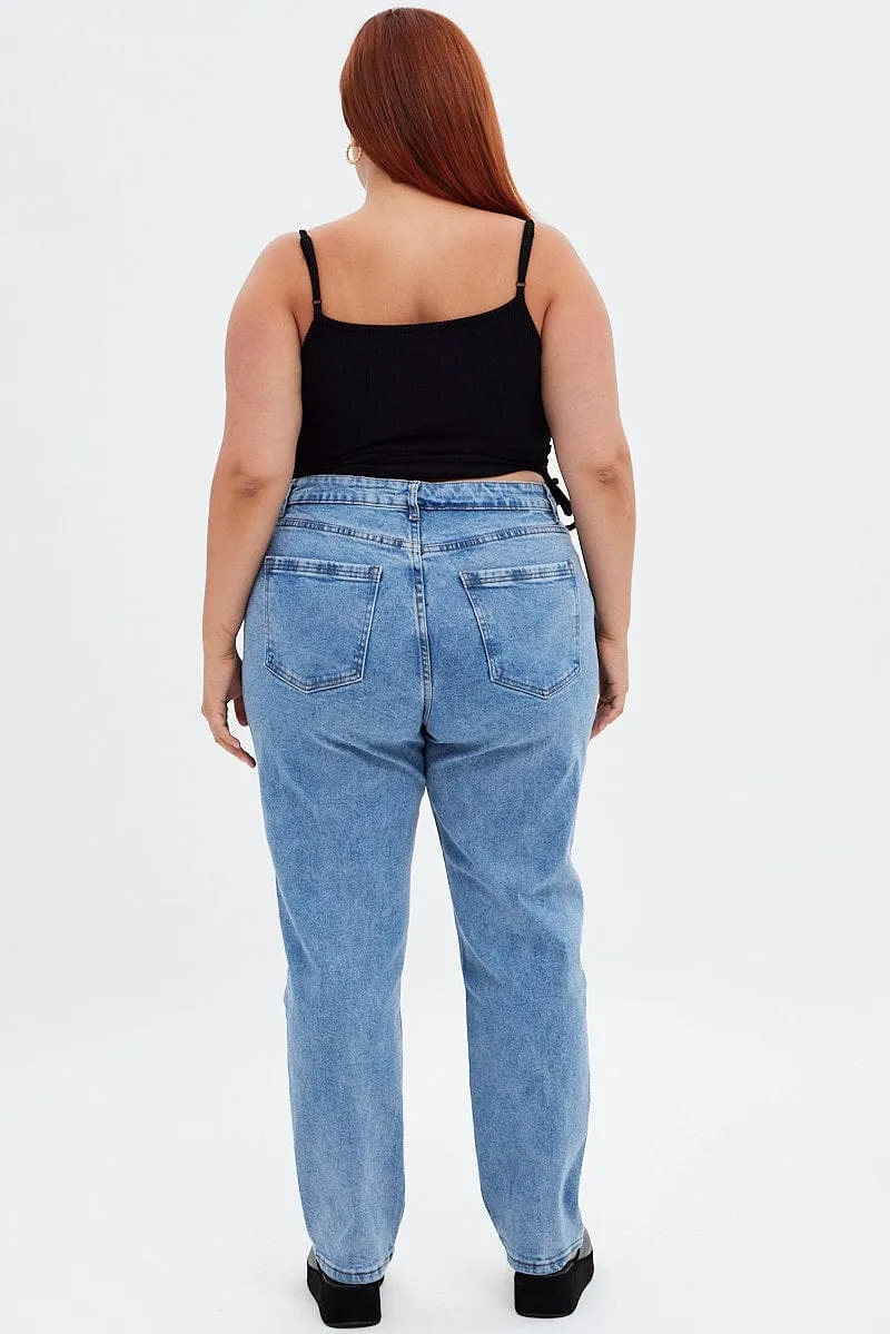 Blue Denim Mom Jean High Rise Natural Look Abrasion Resistant Fabric
