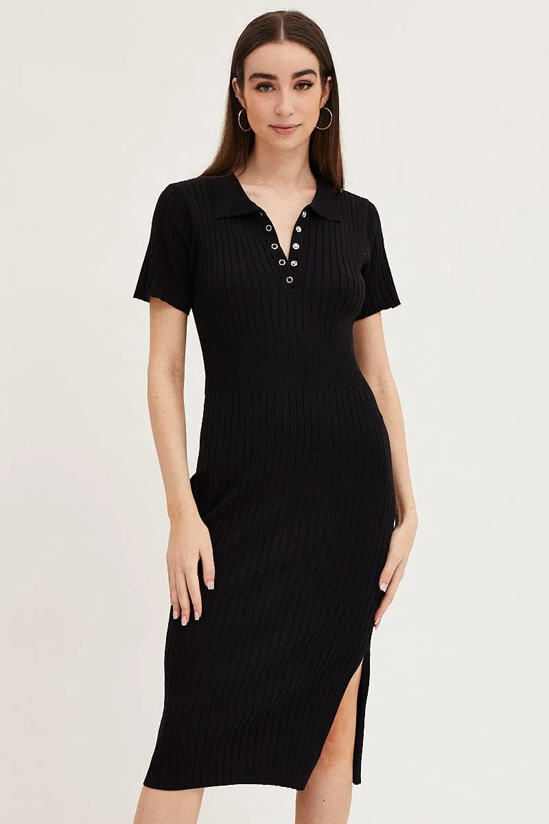 Black Bodycon Dress Short Sleeve Mini Knit Soft Knit Flexible Outerwear