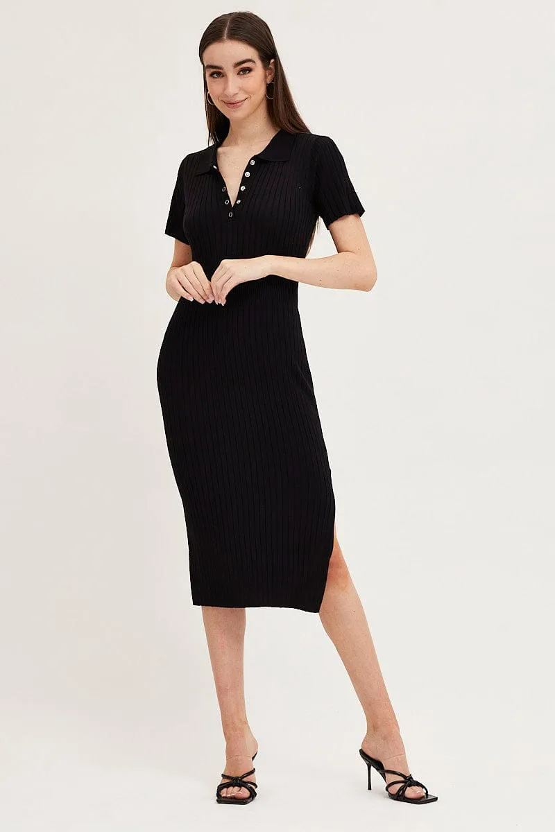 Black Bodycon Dress Short Sleeve Mini Knit Nature Base
