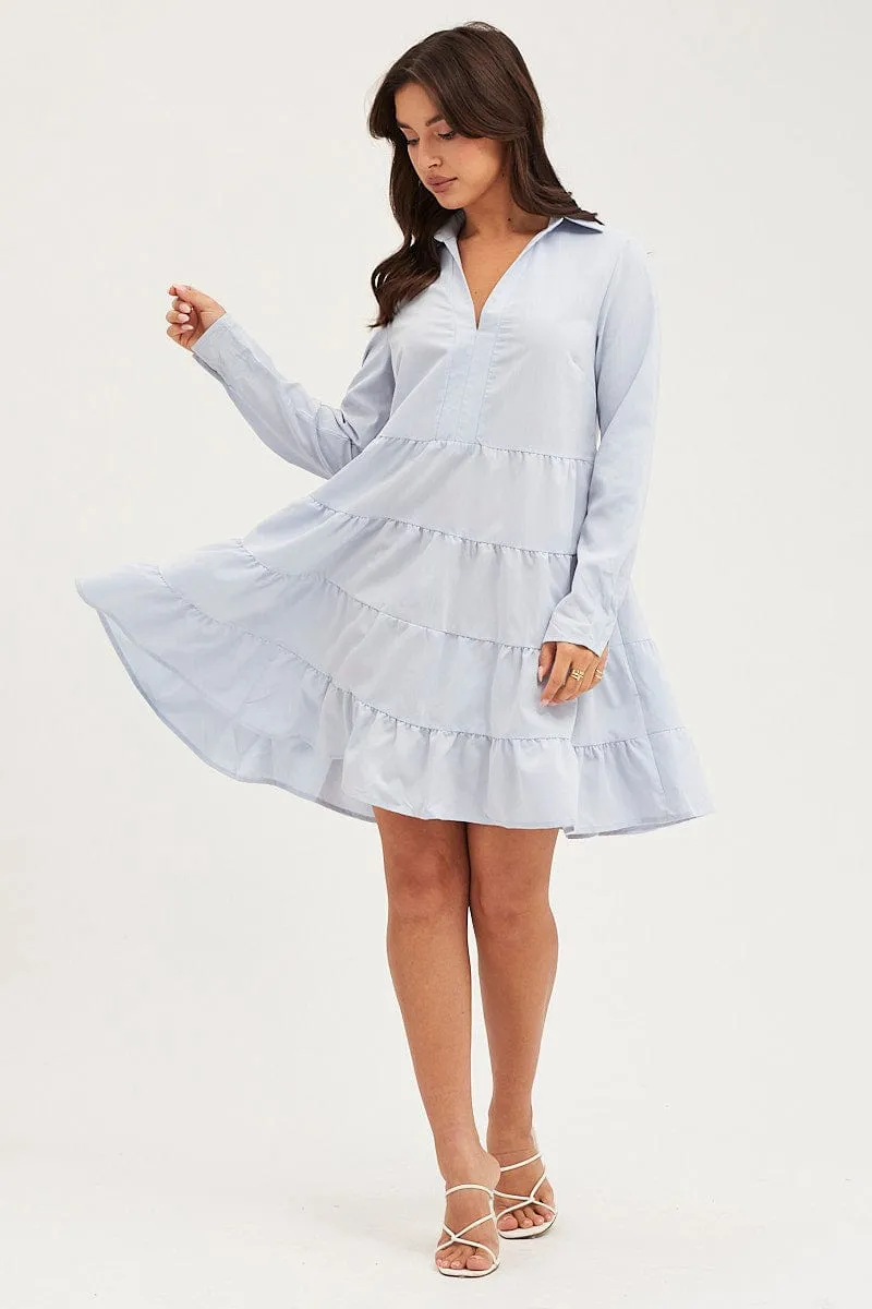 Casual Vibe Blue Skater Dress Long Sleeve Mini