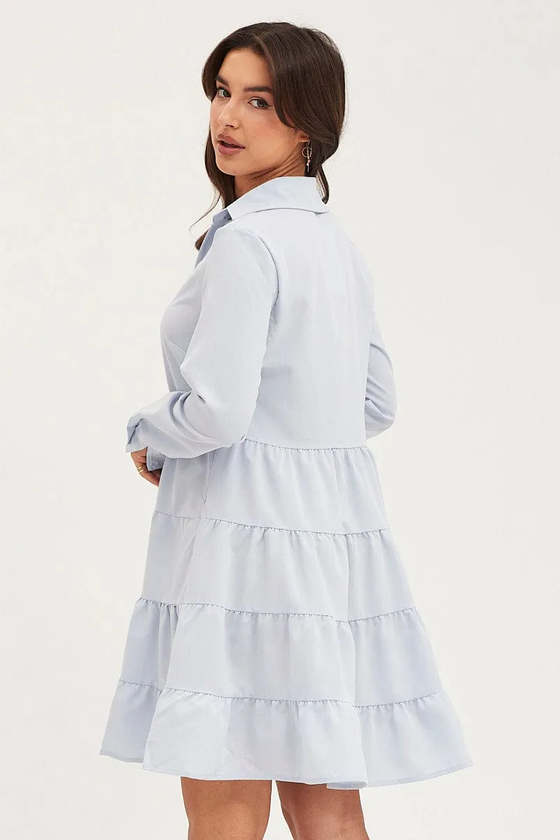 Blue Skater Dress Long Sleeve Mini QuickAccessPockets