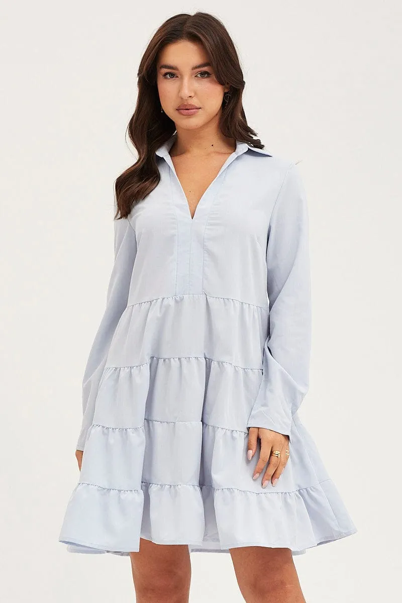 Blue Skater Dress Long Sleeve Mini Timeless Dress Boho Free