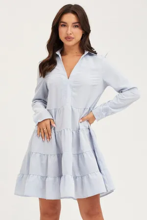 Wrinklefree ReinforcedHems Blue Skater Dress Long Sleeve Mini