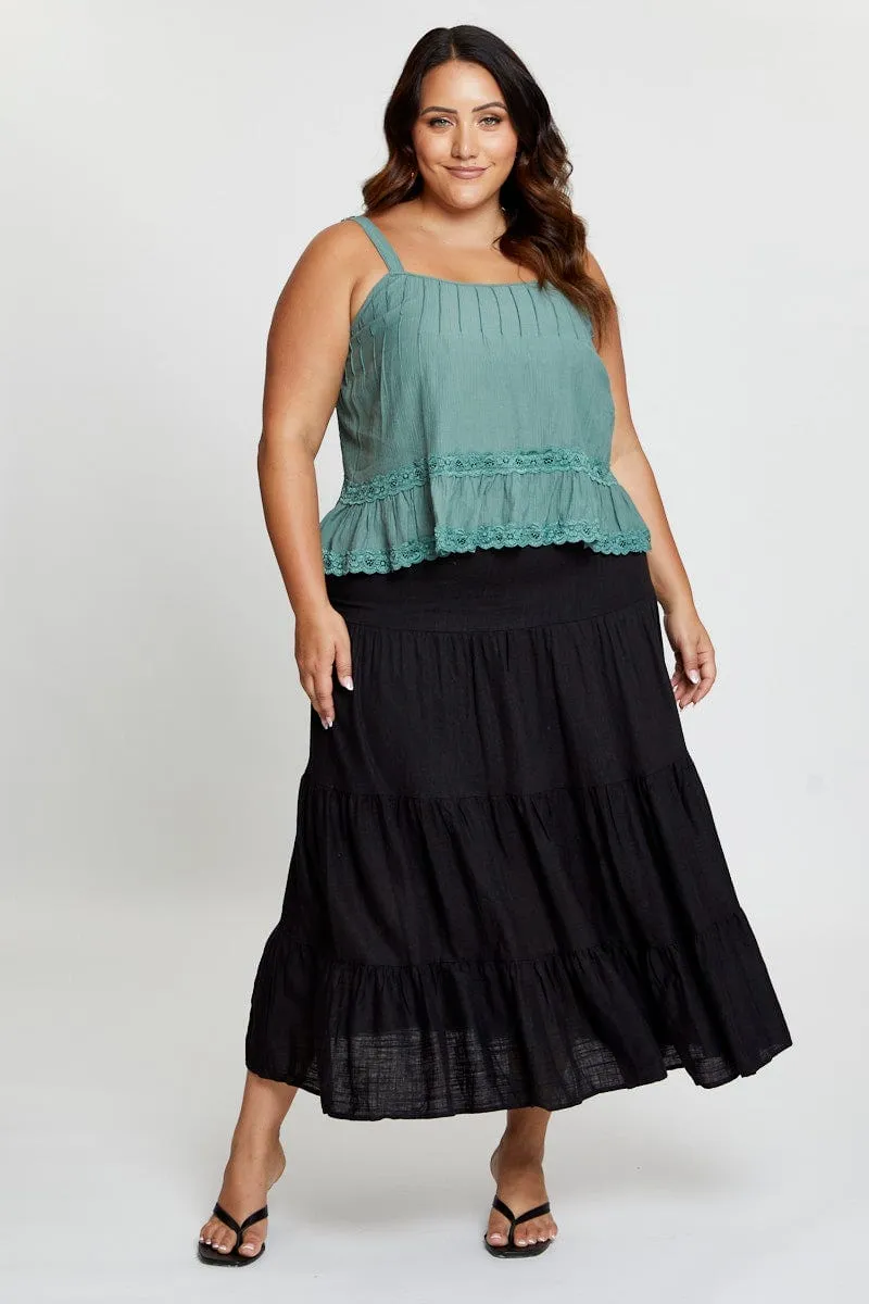 Wind Glow Green Singlet Top Coral Lace Insert Pintuck