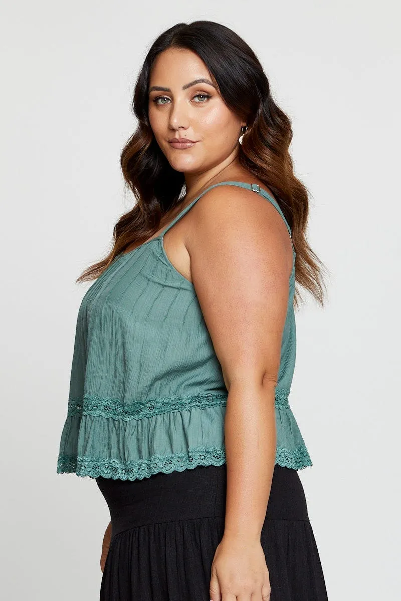 Green Singlet Top Coral Lace Insert Pintuck StaticFree Lining Luxury Apparel