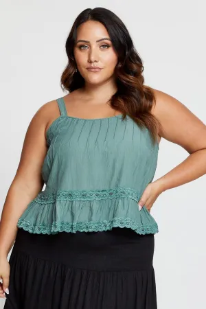 Green Singlet Top Coral Lace Insert Pintuck NonSlipTrims