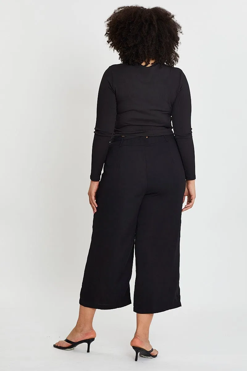 Stain Resistant Black Wide Leg Pants High Rise Waist Tie