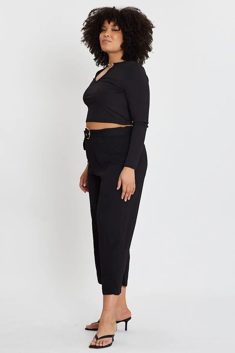 Black Wide Leg Pants High Rise Waist Tie Wear Resistant Fabric Freedom Motion