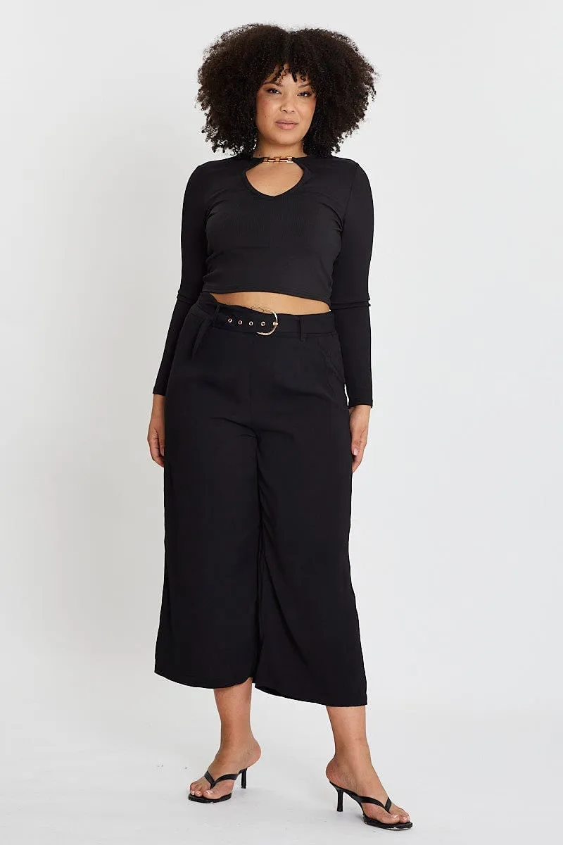 Stylish Look Secure Cuff Design Black Wide Leg Pants High Rise Waist Tie