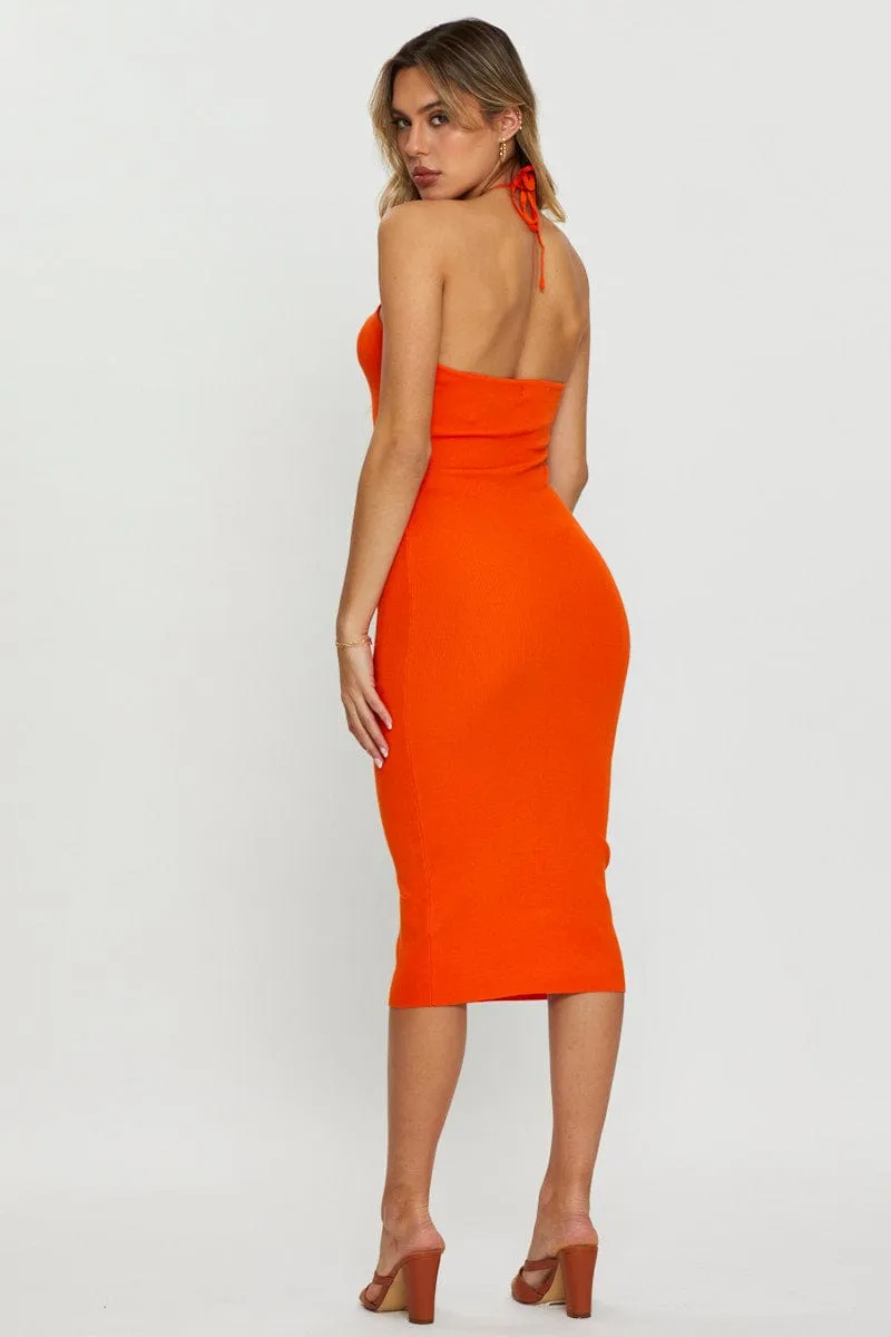 Orange Knit Dress Midi Halter Neck Casual Sweater