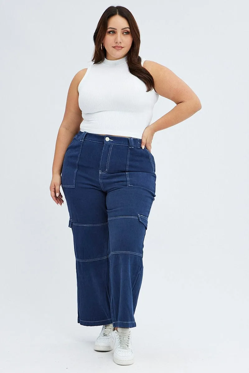 Blue Cargo Denim Jeans High Rise Low Impact Manufacturing Laser Cut Edges