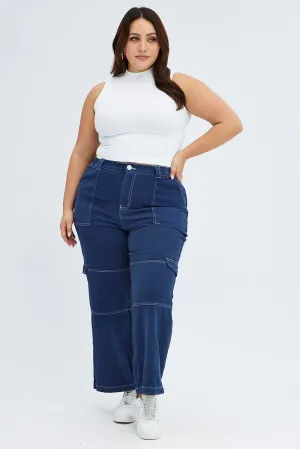 Blue Cargo Denim Jeans High Rise Low Impact Manufacturing Laser Cut Edges