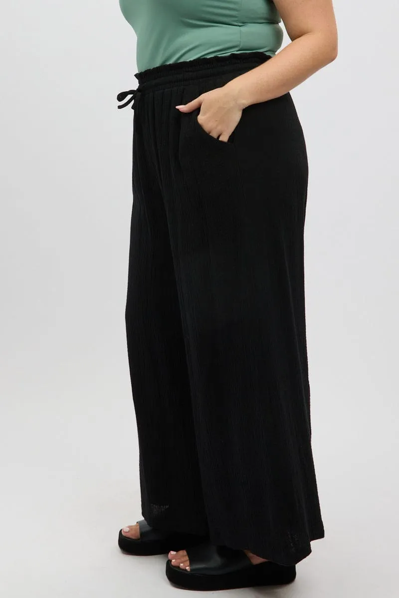 Relaxed Wear Simple Utility Black Cheesecloth Lined Wide Leg Pants