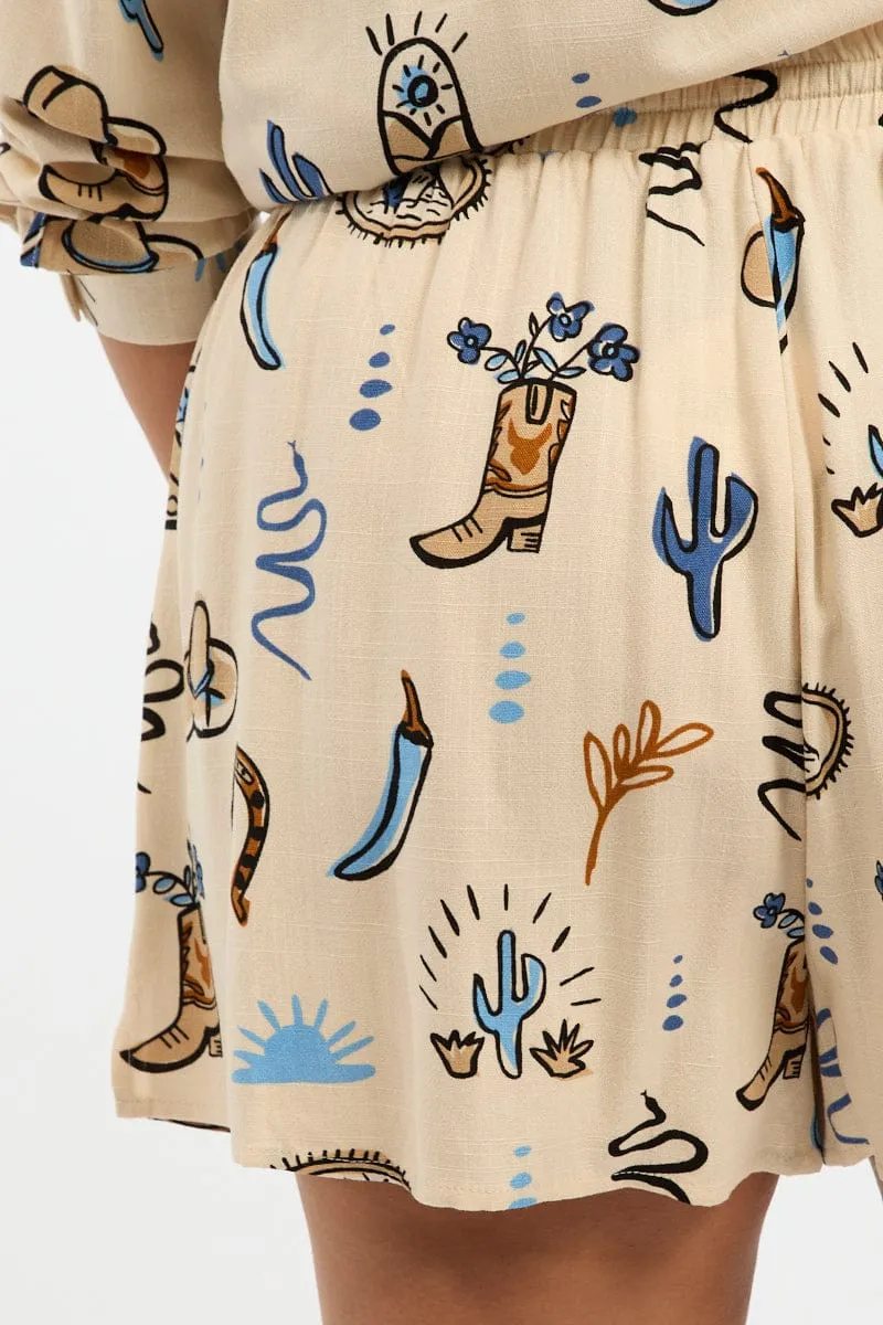 Beige Abstract Cowboy Longer Drawstring Shorts Comfort Fit