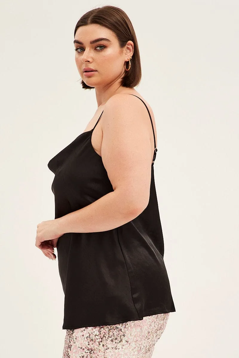 Black Singlet Top Sleeveless Satin Cowl Neck Trendy sneakers