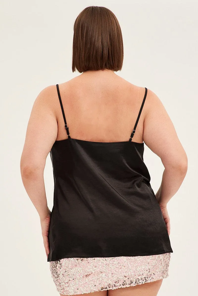 Black Singlet Top Sleeveless Satin Cowl Neck NonBindingCollar