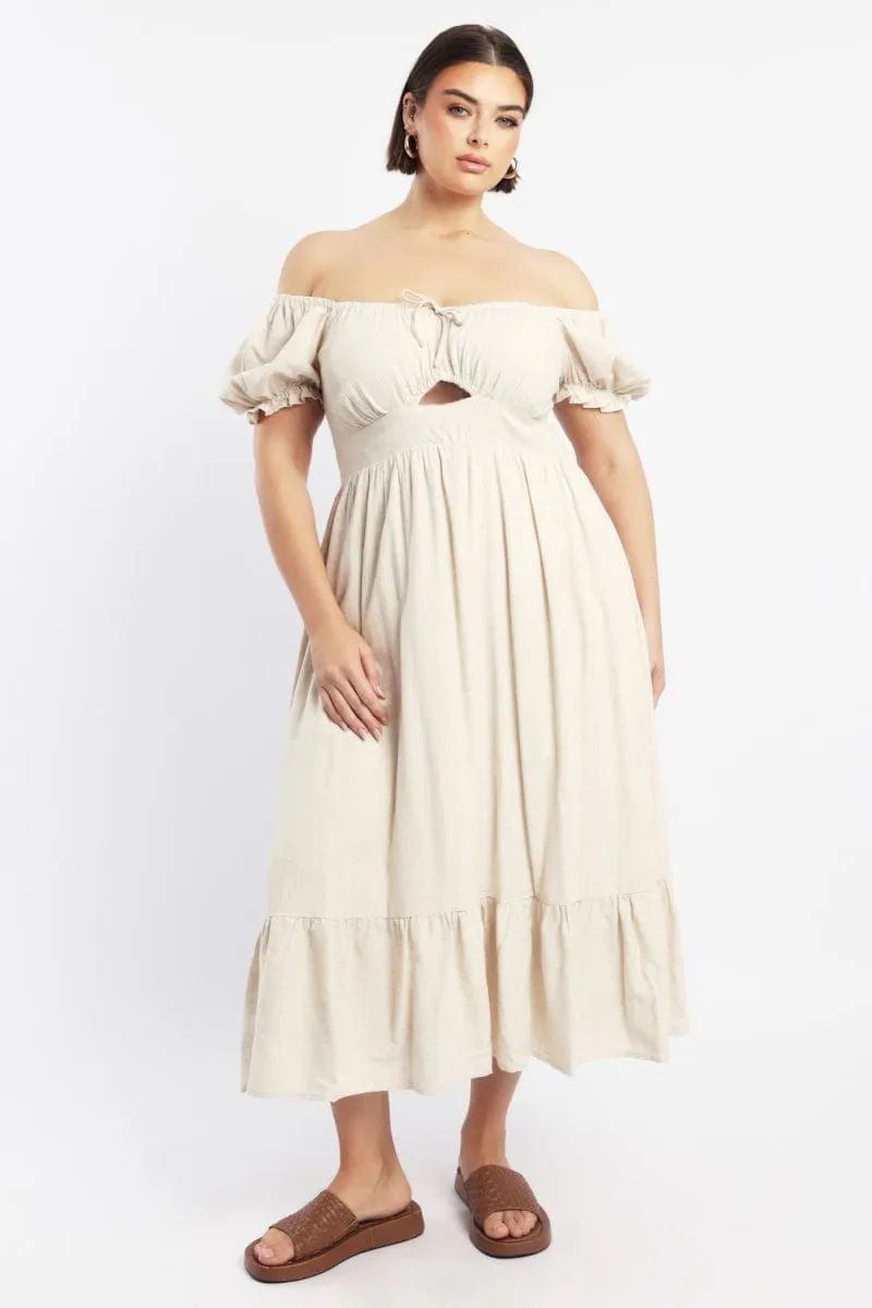 Light Air Seasonal Wear Beige Midi Dress Short Sleeve Cut Out Linen Blend