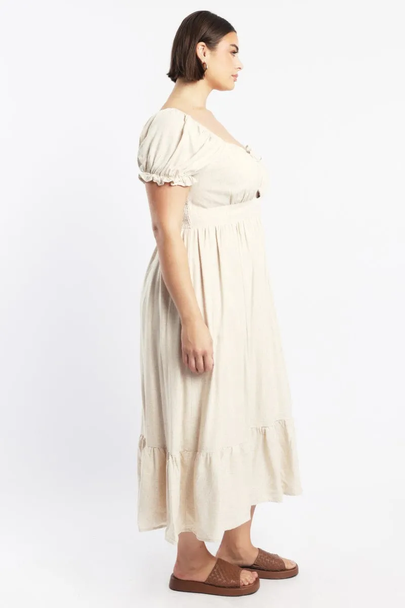 Playful and feminine dress Lounge Mood Beige Midi Dress Short Sleeve Cut Out Linen Blend