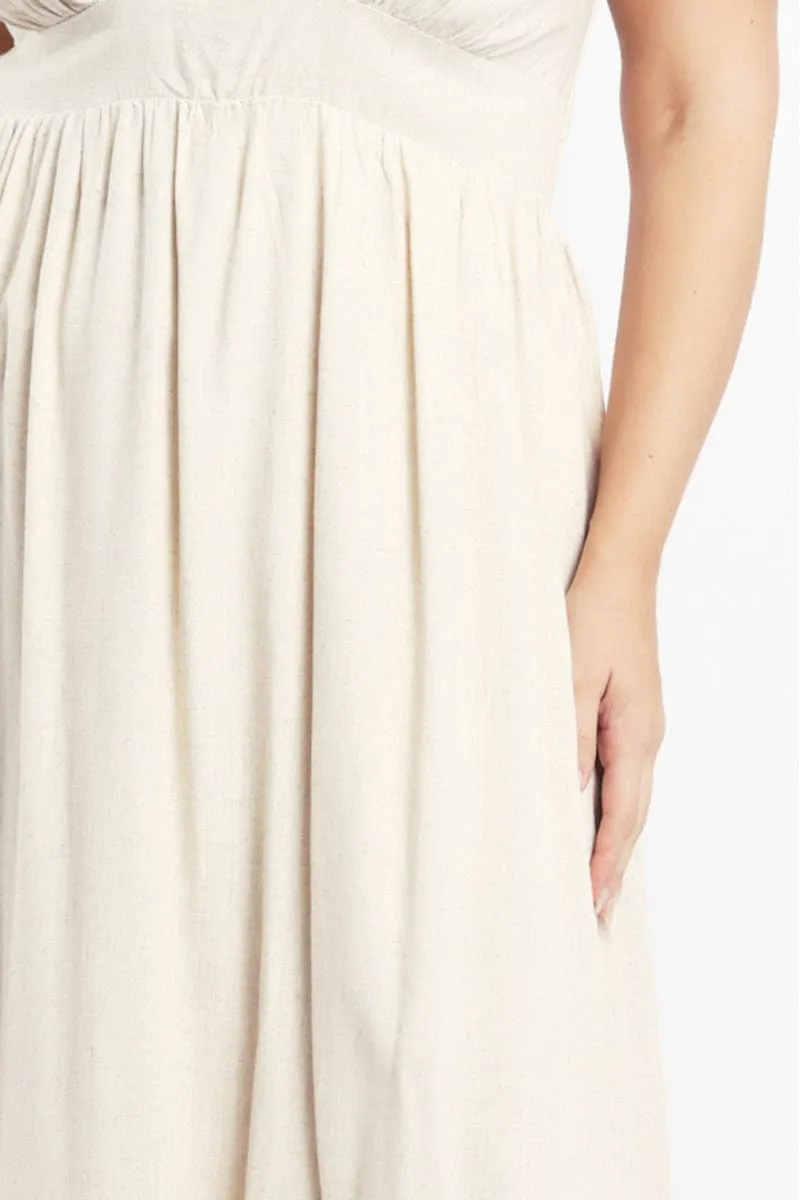 Beige Midi Dress Short Sleeve Cut Out Linen Blend Air Comfort
