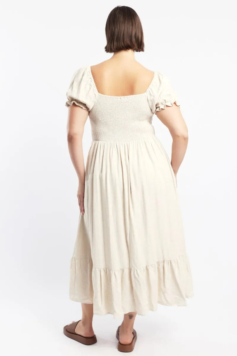 Beige Midi Dress Short Sleeve Cut Out Linen Blend Feminine casual piece Stylish dress for gatherings