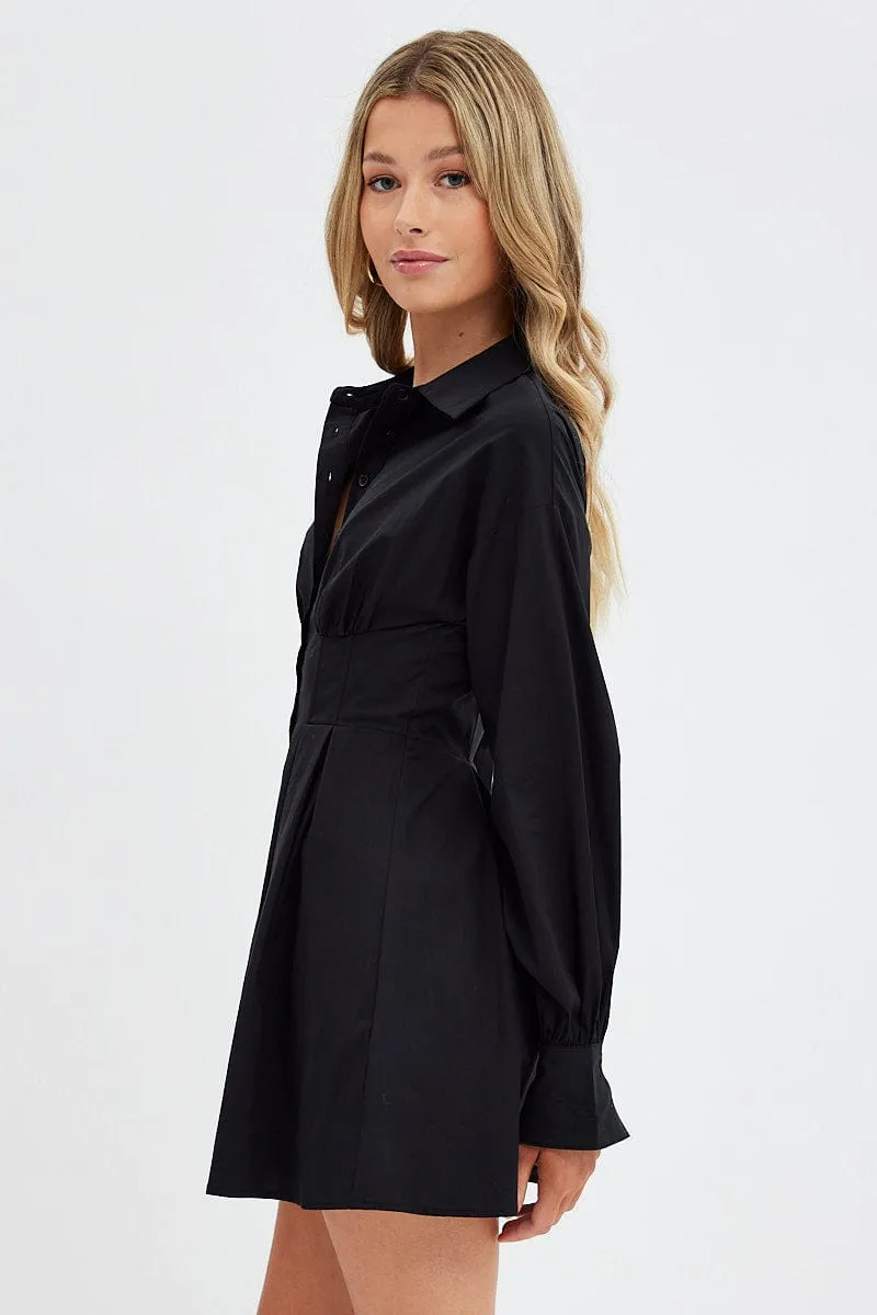 british retro GentleWaistband Black Shirts Dress Long Sleeve Poplin